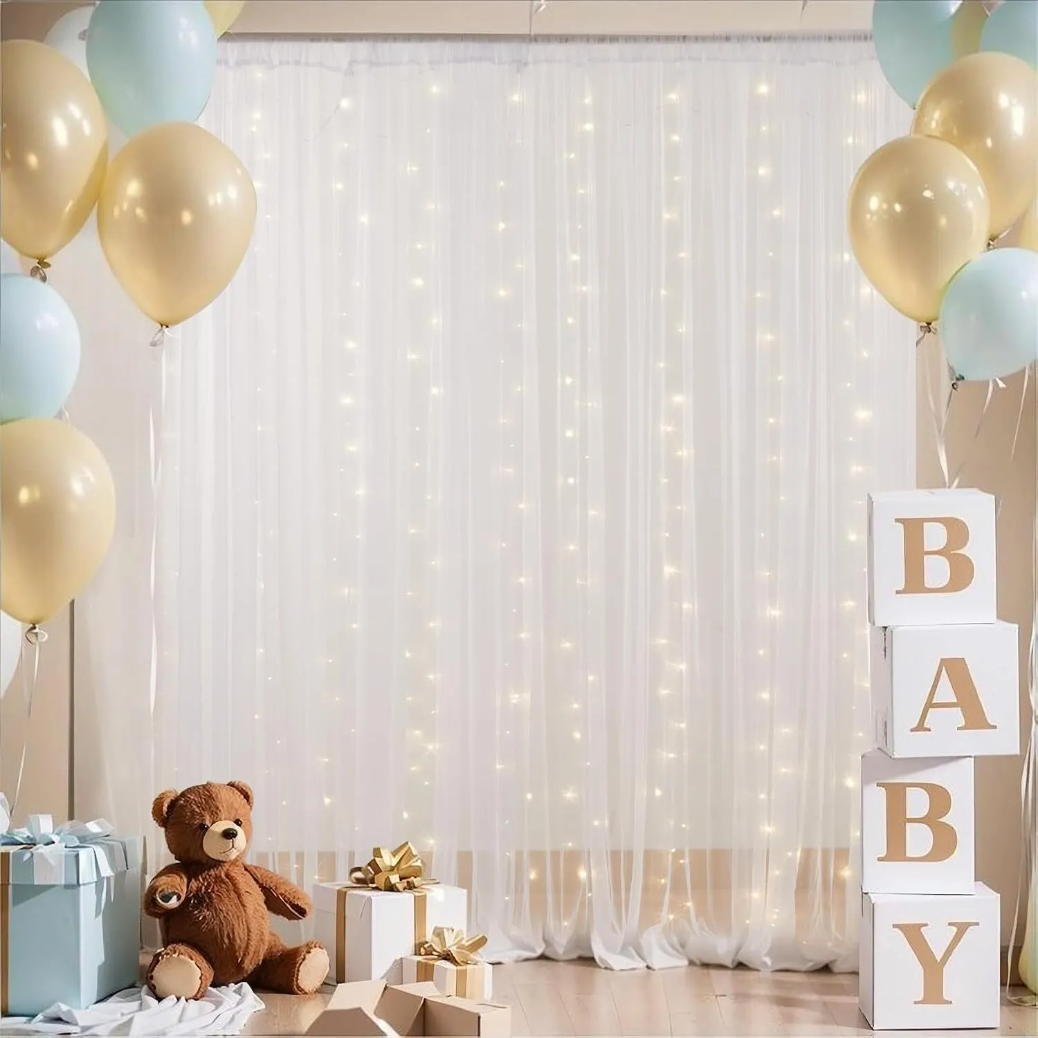 DRAPE FABRIC - 10x10ft WHITE TULLE BACKDROP CURTAIN WITH STRING LIGHTS - SHEER FABRIC CURTAIN BACKDROP DRAPES