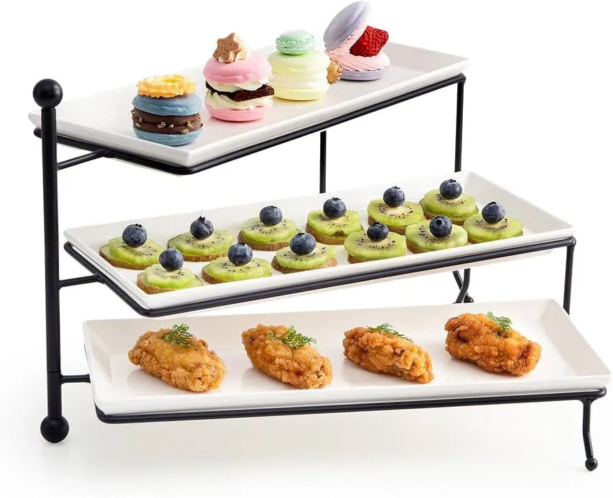 SERVING / FOOD DISPLAY - TIERED 14" FOOD SERVING STAND W/ 3 PORCELAIN SERVING PLATES