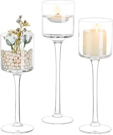 CANDLE HOLDER - Tall Glass Candle Holder: Long Stem Candle Stand 3 Pcs Set - CANDLES RENTED SEPARATELY