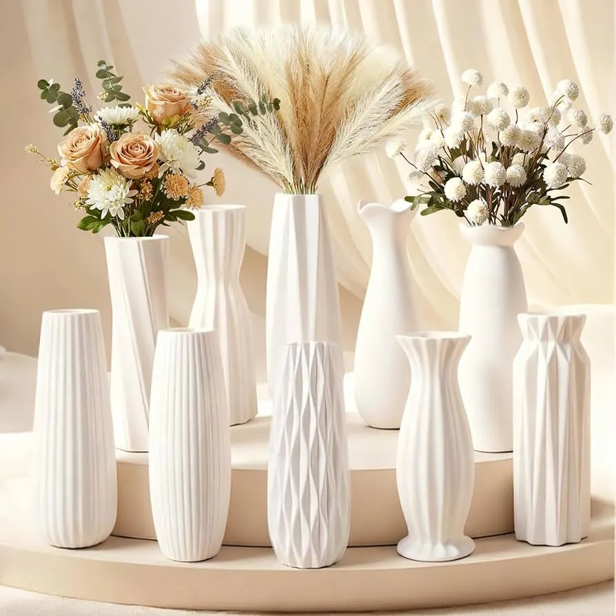 VASE - 8IN RUSTIC WHITE CERAMIC VASES VARIOUS SHAPES AND SIZES 