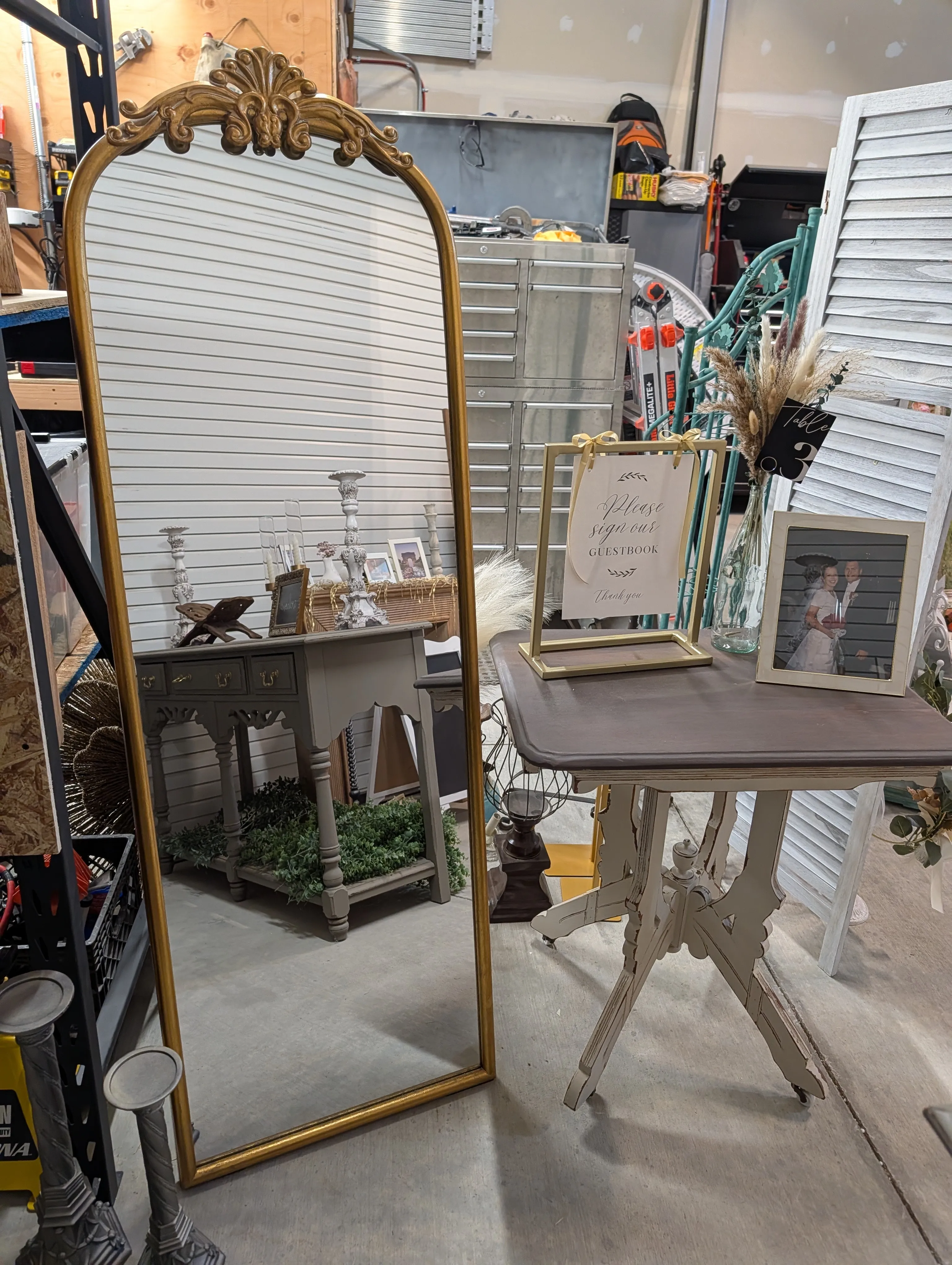TABLE - GUEST BOOK / DISPLAY TABLE WOOD TOP ANTIQUE BOTTOM