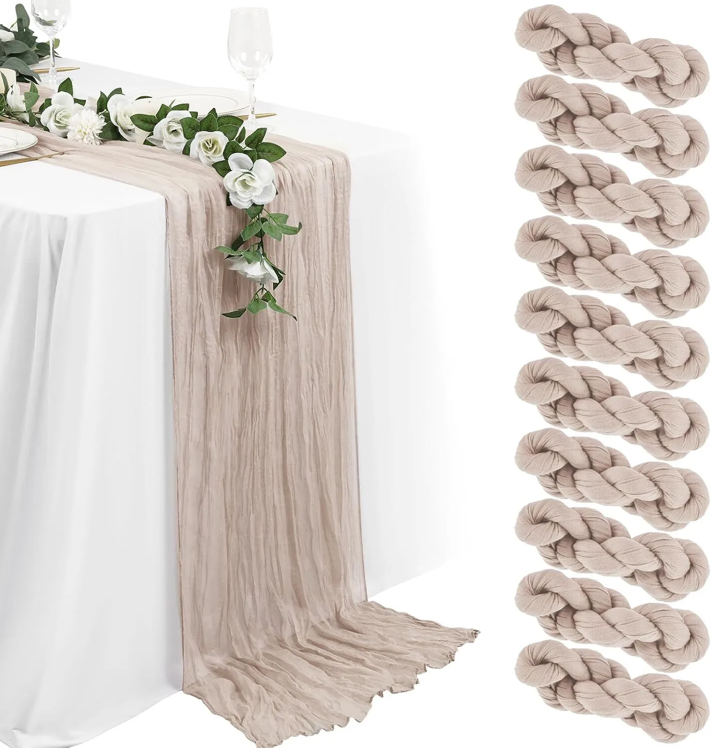 LINEN - CHEESECLOTH TABLE RUNNER  - GREIGE 10Ft x 35" Rustic Gauze Boho