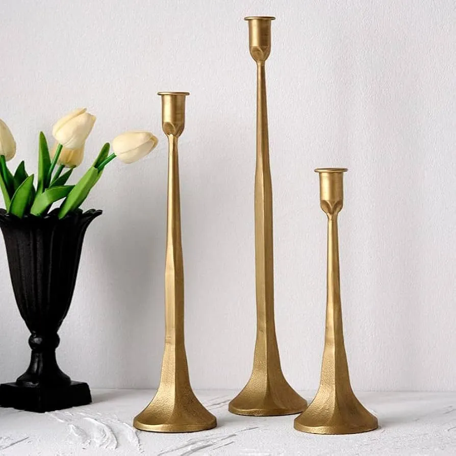 CANDLE HOLDER - GOLD IRON TAPER CANDLE HOLDER SET OF 3 - Candles rented separately