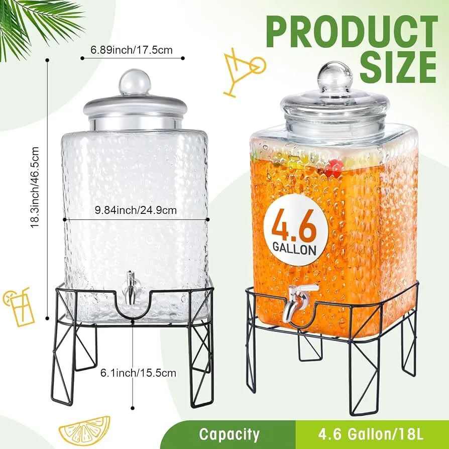 BEVERAGE DISPENSER - 4.6 GALLON GLASS BEVERAGE DISPENSER WITH BLACK METAL STAND