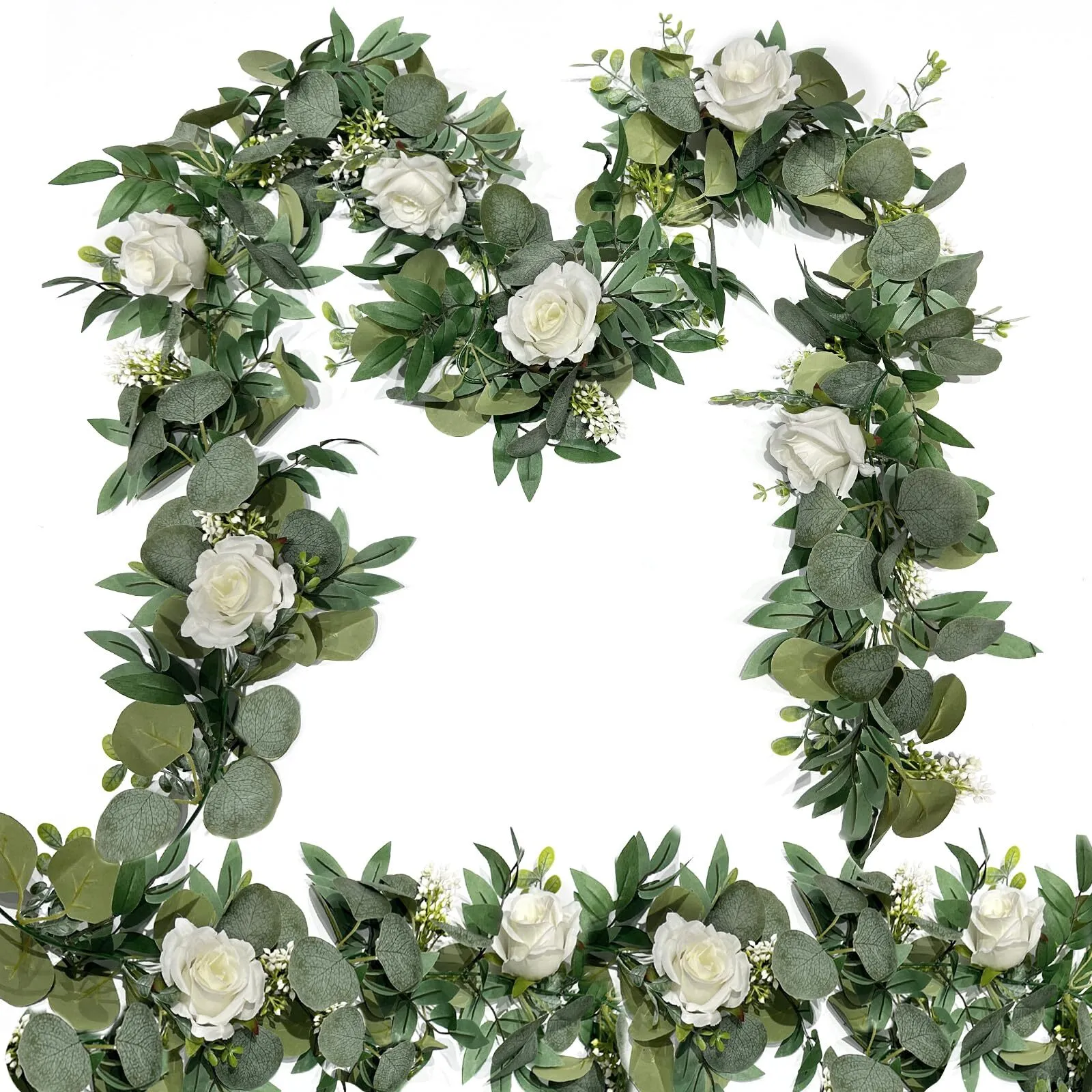 GARLAND - GREENERY - Artificial Spring Eucalyptus Flower Garland with White Roses, 13FT