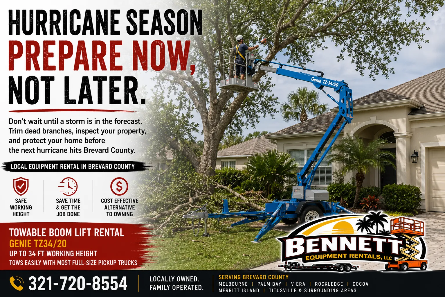 Towable boom lift rental used to trim dead tree branches near a home as part of hurricane season preparation in Brevard County, Florida