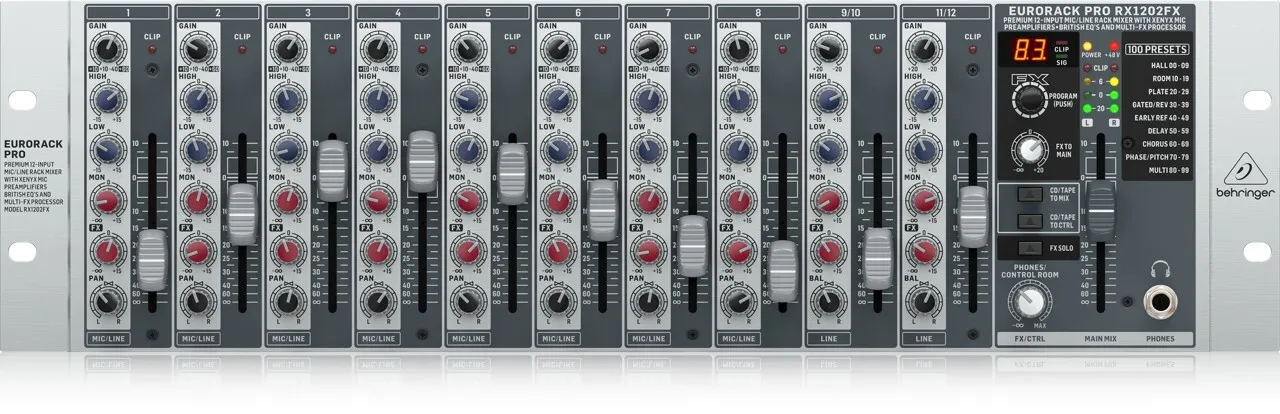 Behringer Eurorack Pro RX1202FX V2 12-kanalers mixer i rack