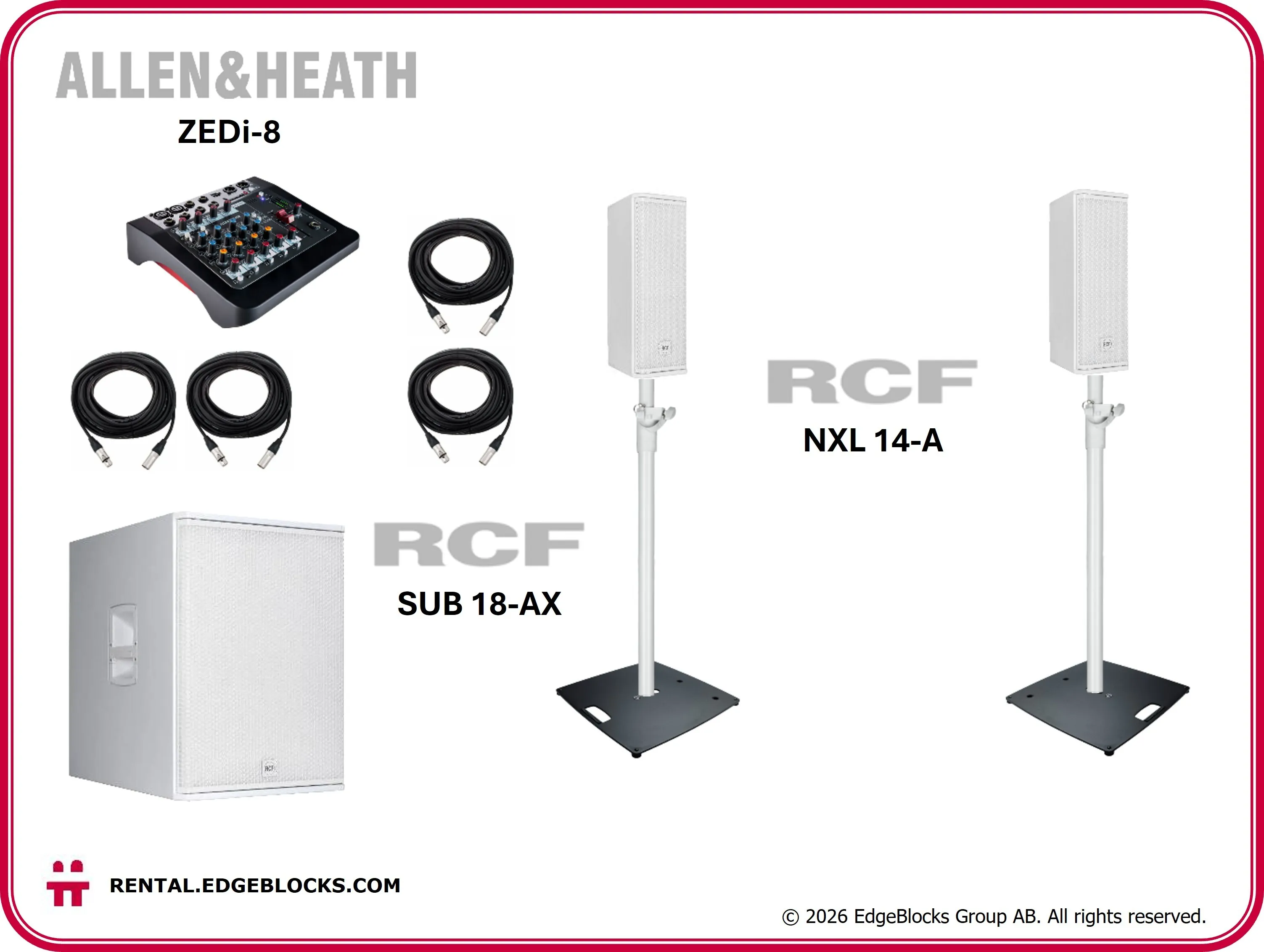 RCF Högtalarpaket 1, vita högtalare, mixer