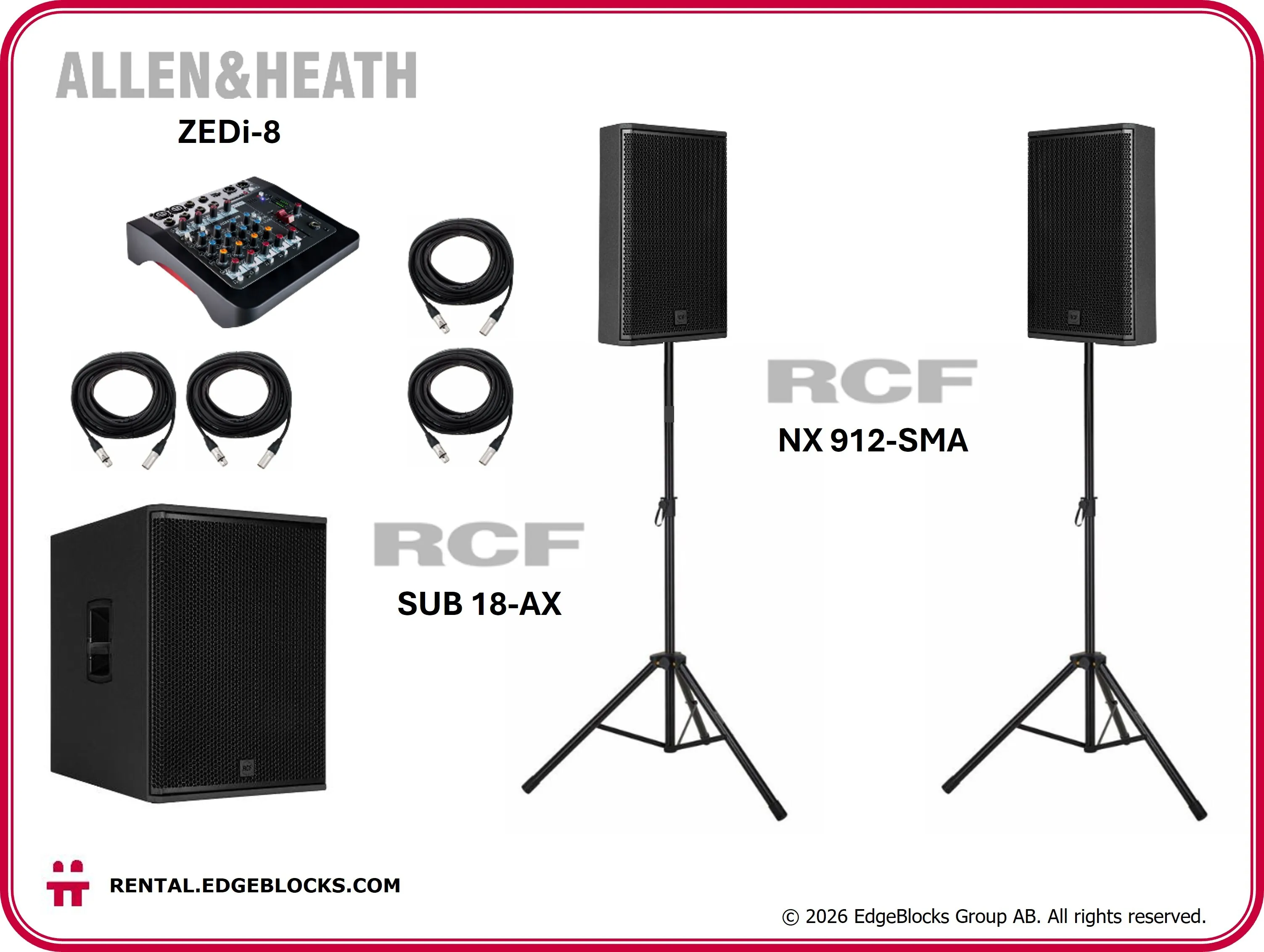RCF Högtalarpaket 6, två 12" toppar, en 18" sub, mixer