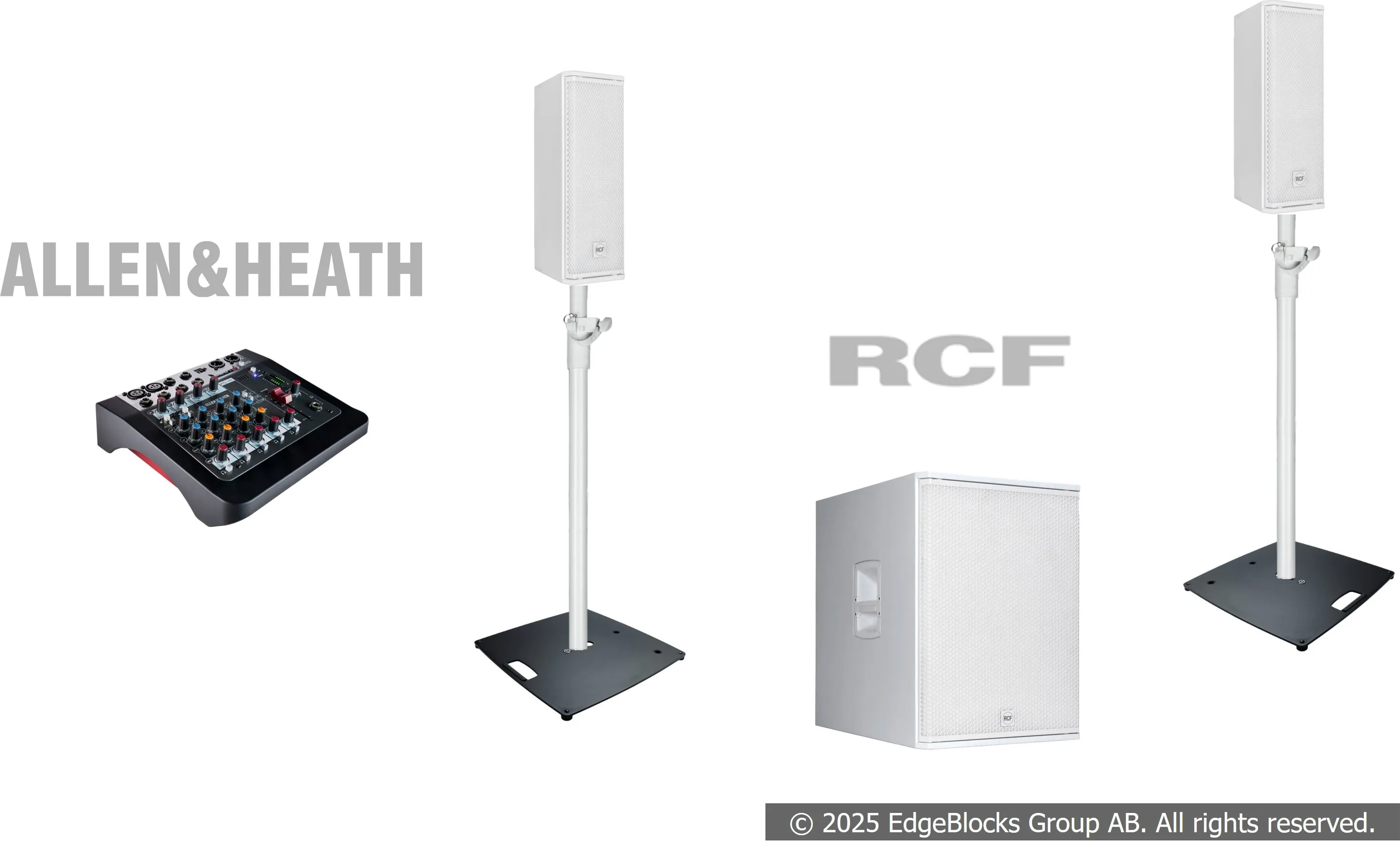 RCF Högtalarpaket 1, vita högtalare, mixer