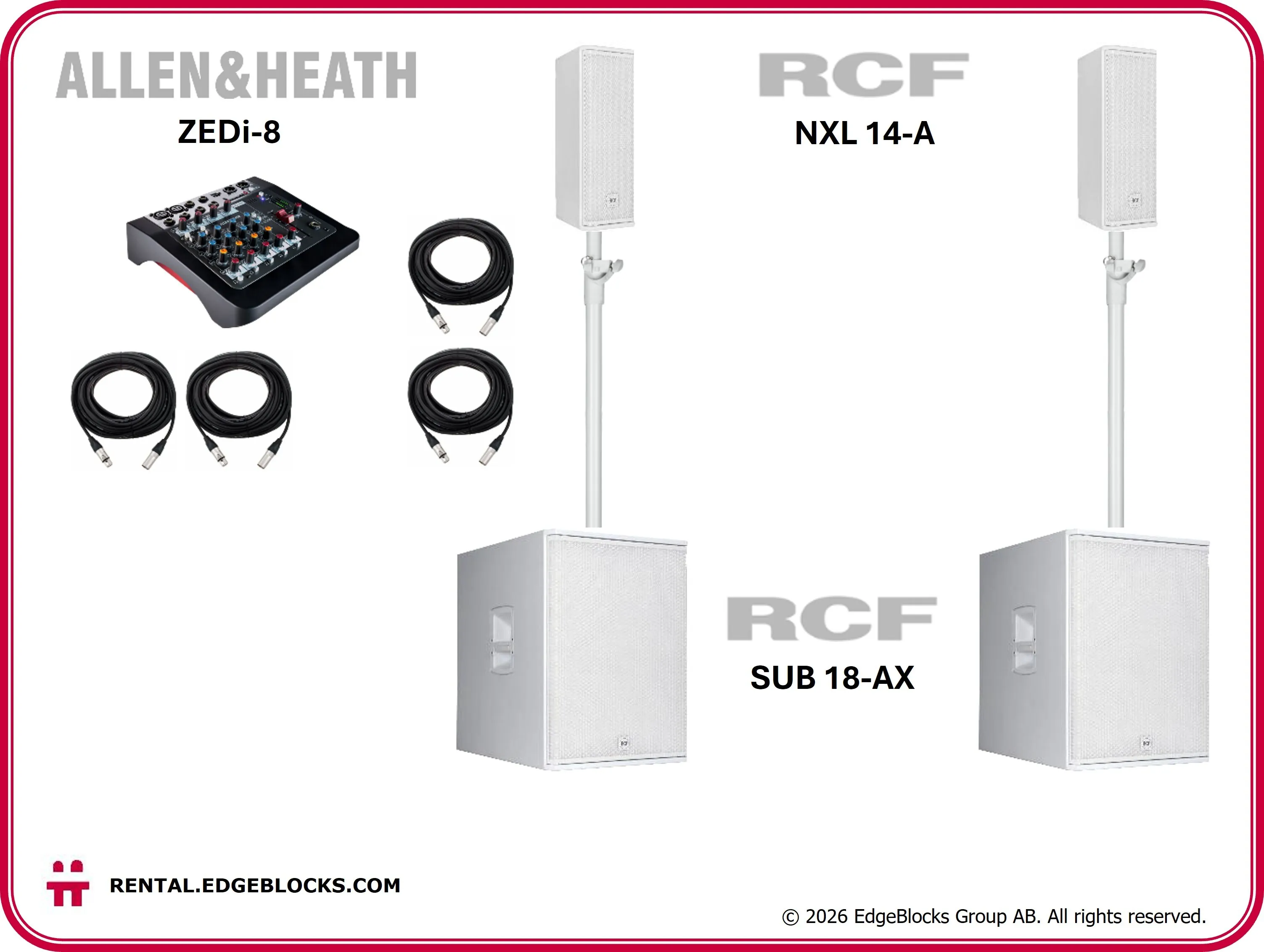 RCF Högtalarpaket 2, vita högtalare, mixer