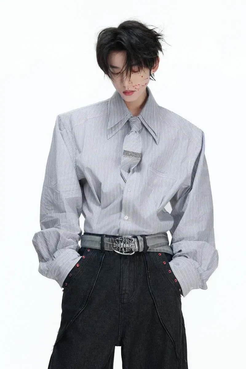 (NA9666) เฉพาะเสื้อ+เนคไท Striped Shoulder Pad Tie Shirt