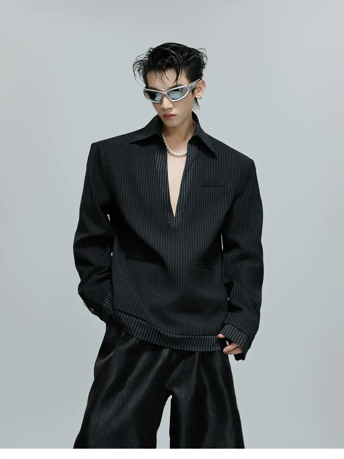 (NA9660) เฉพาะเสื้อ Striped V-Neck Padded Blazer (K)