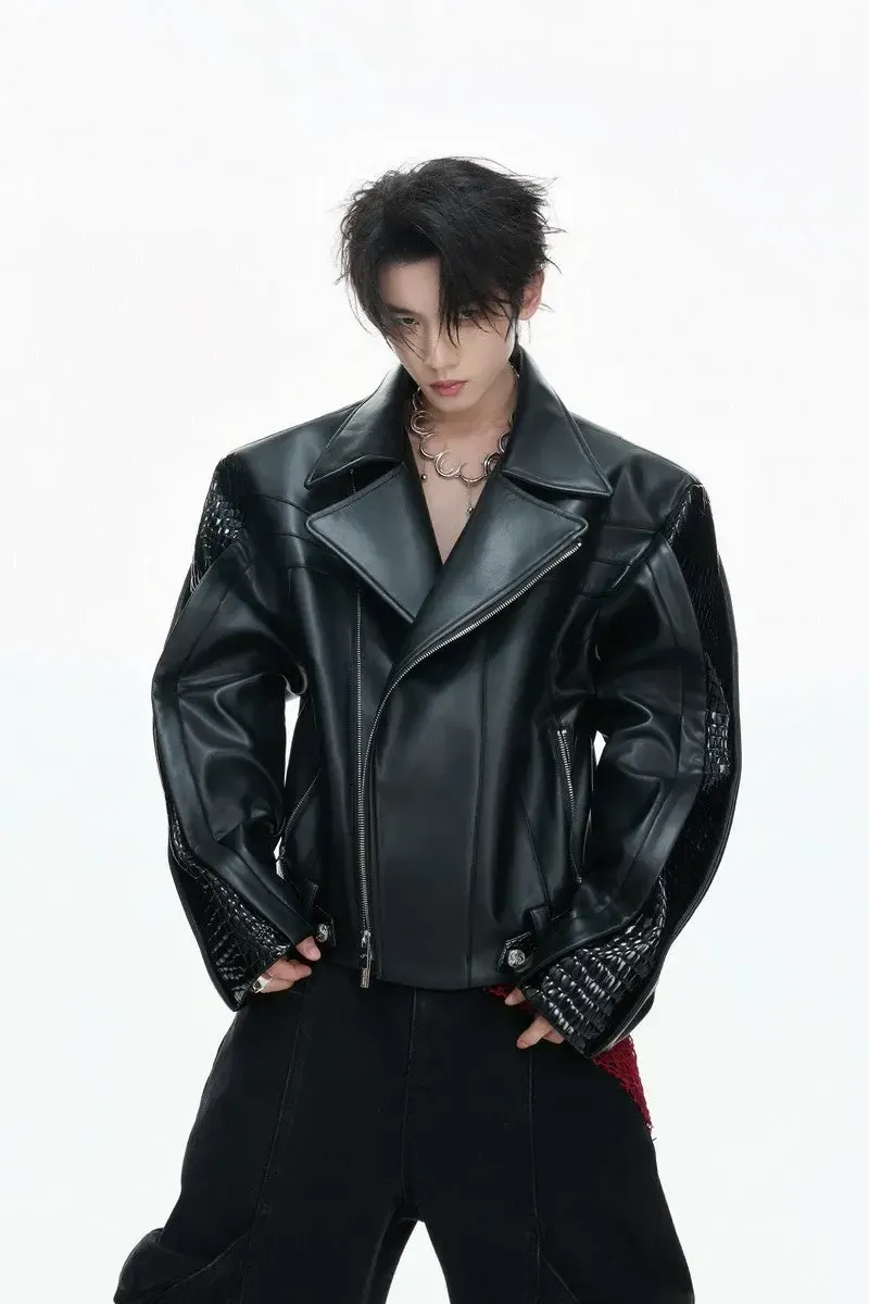 (NA9782) เฉพาะแจ็คเก็ต Deconstructed Croc-Embossed Asymmetric Zip Leather Jacket