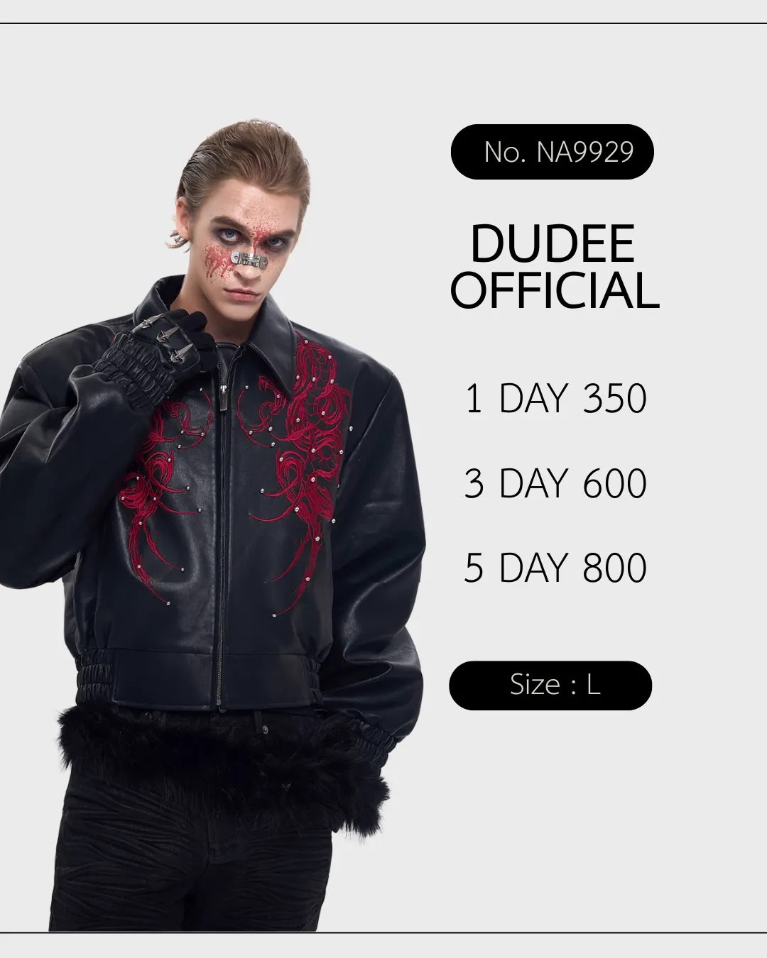 (NA9929) เฉพาะเสื้อ Cropped Faux Leather Jacket with Thorn Embroidery.