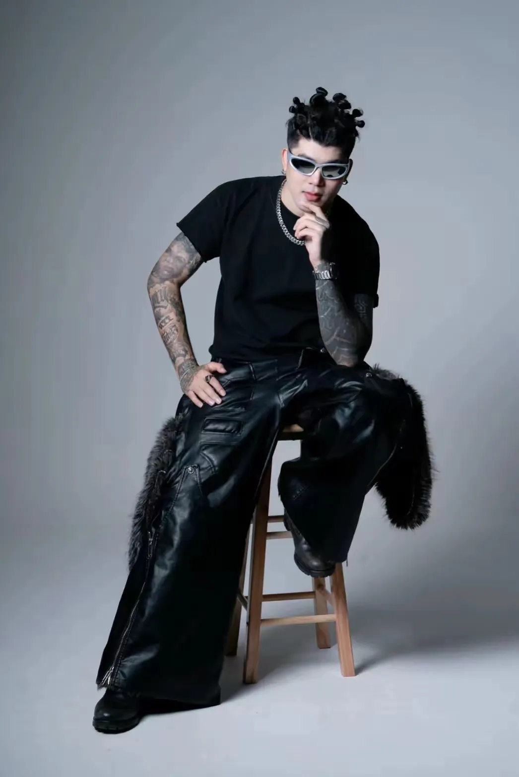 รีวิว (NA9991) เฉพาะกางเกง Removable Fur Patchwork PU Leather Pants