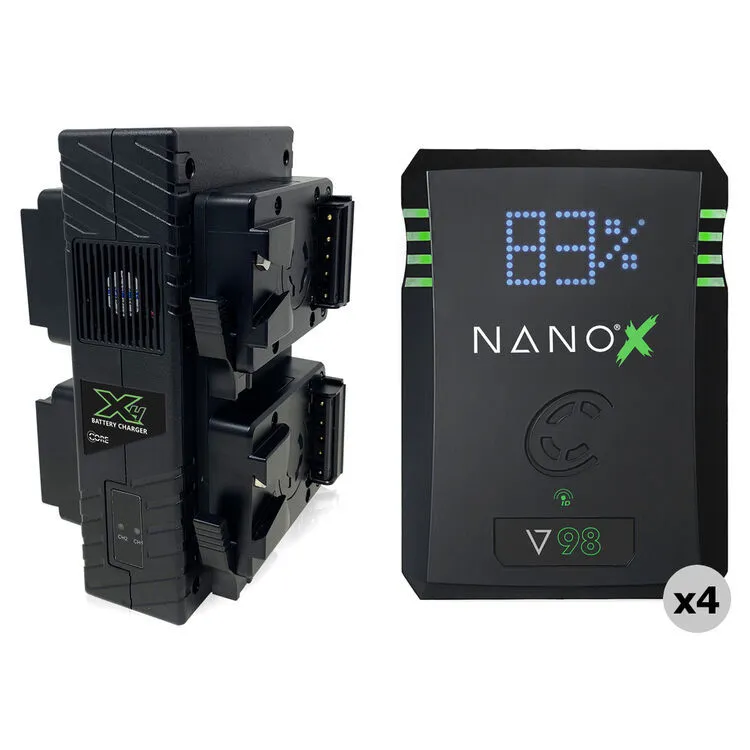 (4) 98wh Core Nano-X Micro V-Mount Batteries w/ Quad Charger