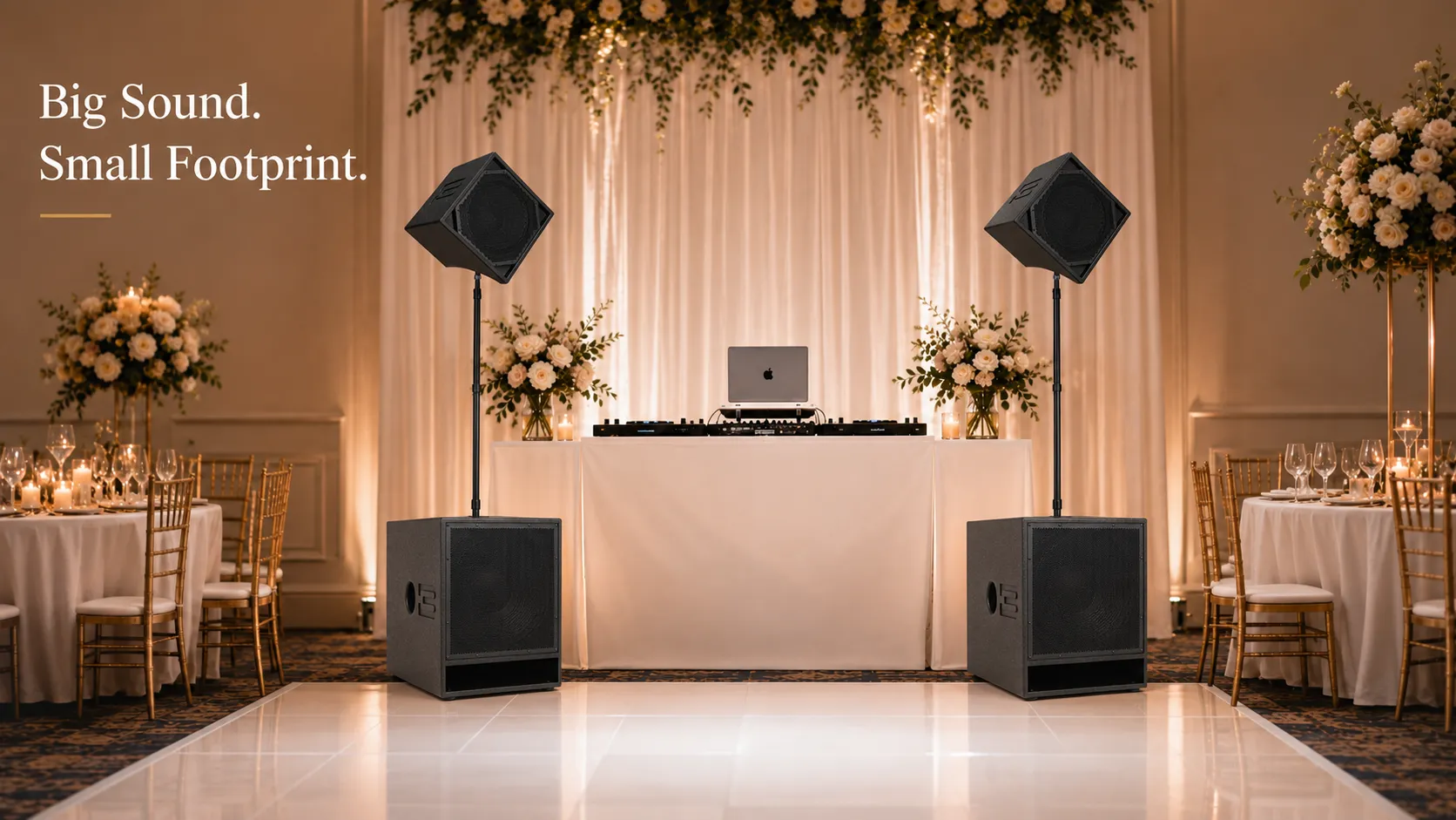 BASSBOSS BB15 subwoofers with DiaMon speakers arranged beside a wedding DJ booth