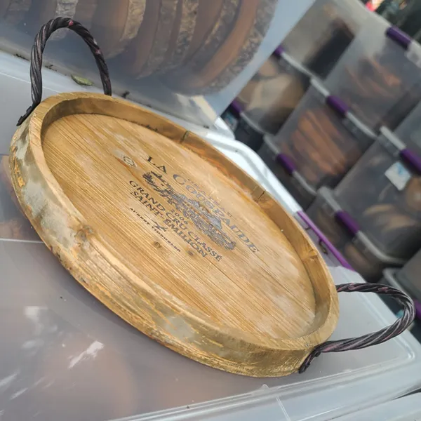 WD48 :: Round Wooden Tray with Metal Rope Handles 12"