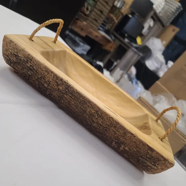 WD41 :: Bark Edge Wooden Log Tray with Rope Handles 16" x 10"