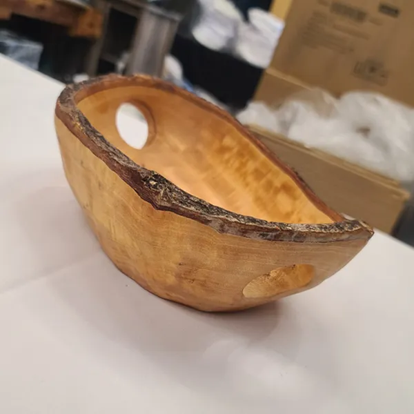 WD02 :: Bark Edge Oval Wooden Bowl w Cutout Circles 10.5" x 7"