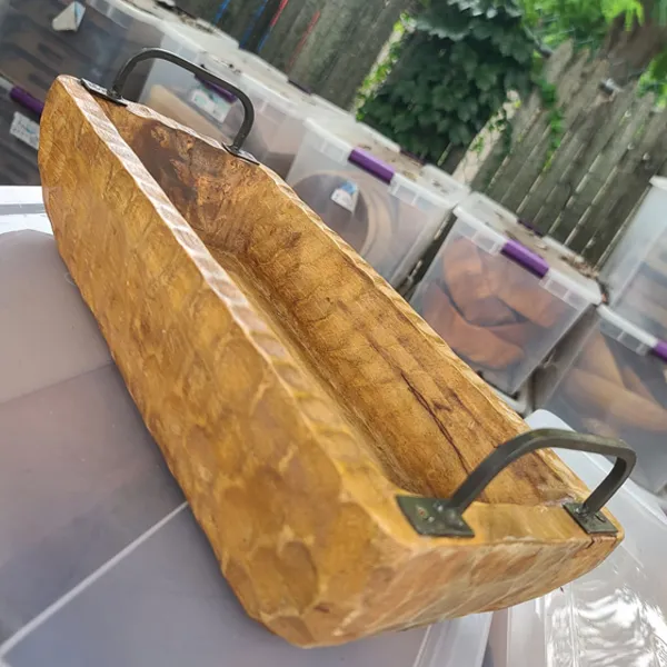 WD53 :: Hammered Wooden Basin with Metal Handles 16" x 7"