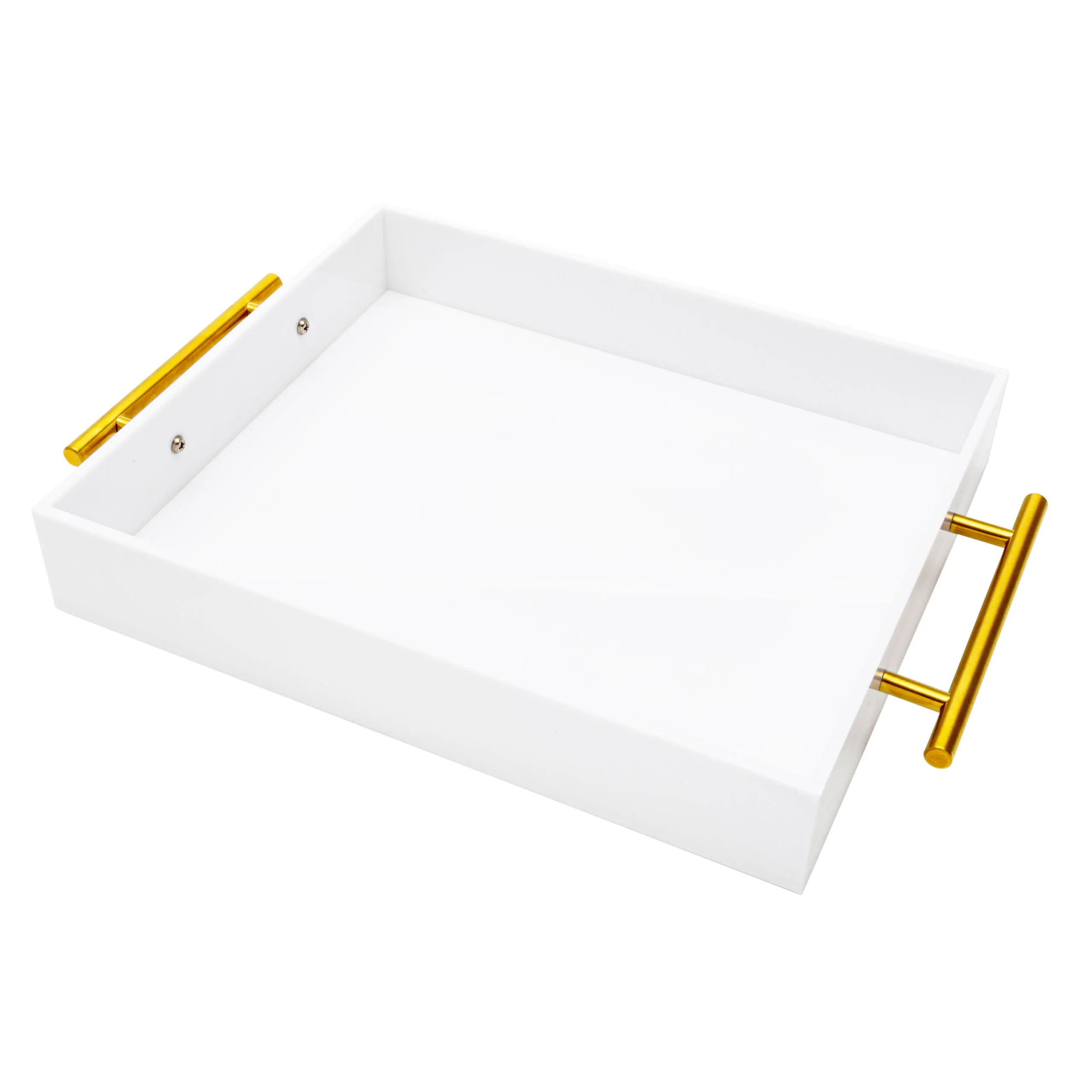 SRV32  Acrylic Tray White with Gold Handle 12"x16" 2"H