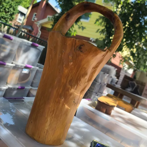 WD67 :: Hand Carved Organic Wooden Vase Basket Handle 20"