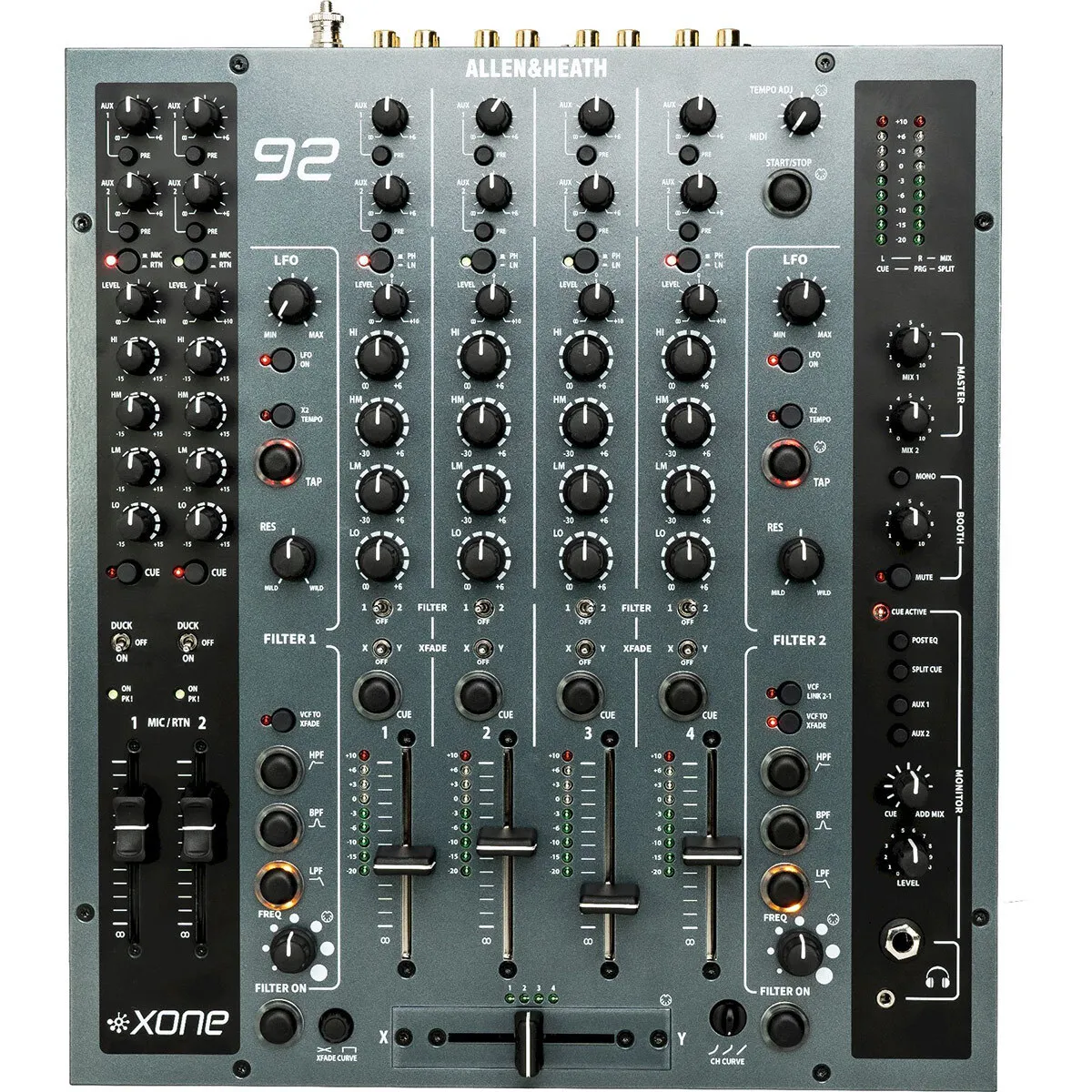 Allen & Heath XONE 92 DJ Mixer mieten Berlin. Legendärer analoger 4-Kanal Club-Mixer mit VCF-Filtern für Profi-DJs.