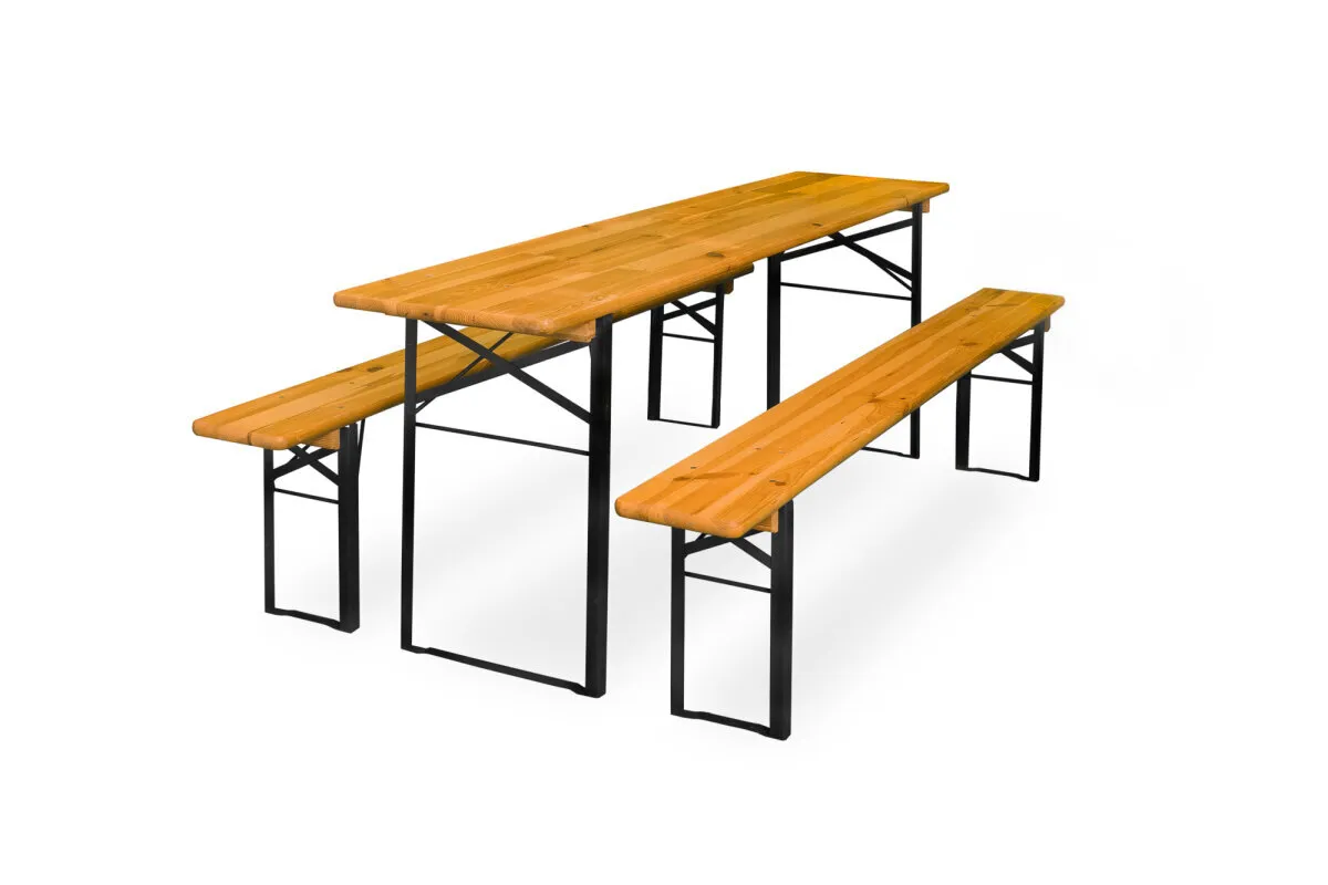 Bierzeltgarnitur mieten Berlin. Set aus einem Biertisch und zwei Bänken für Events, Outdoor-Partys und Messen.