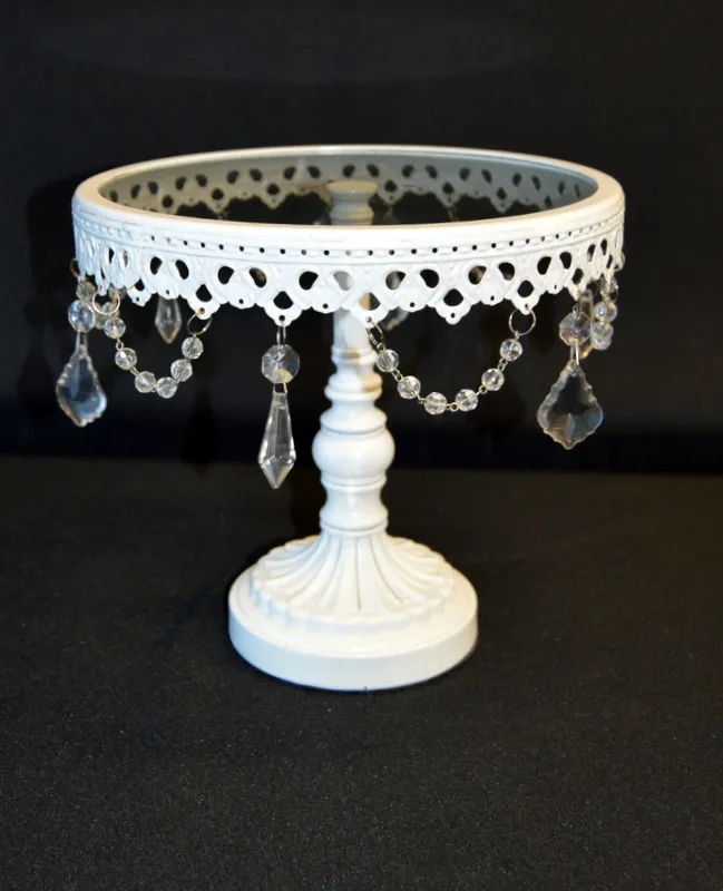 9"x 9" White round Cake Stand With Hanging Crystals
