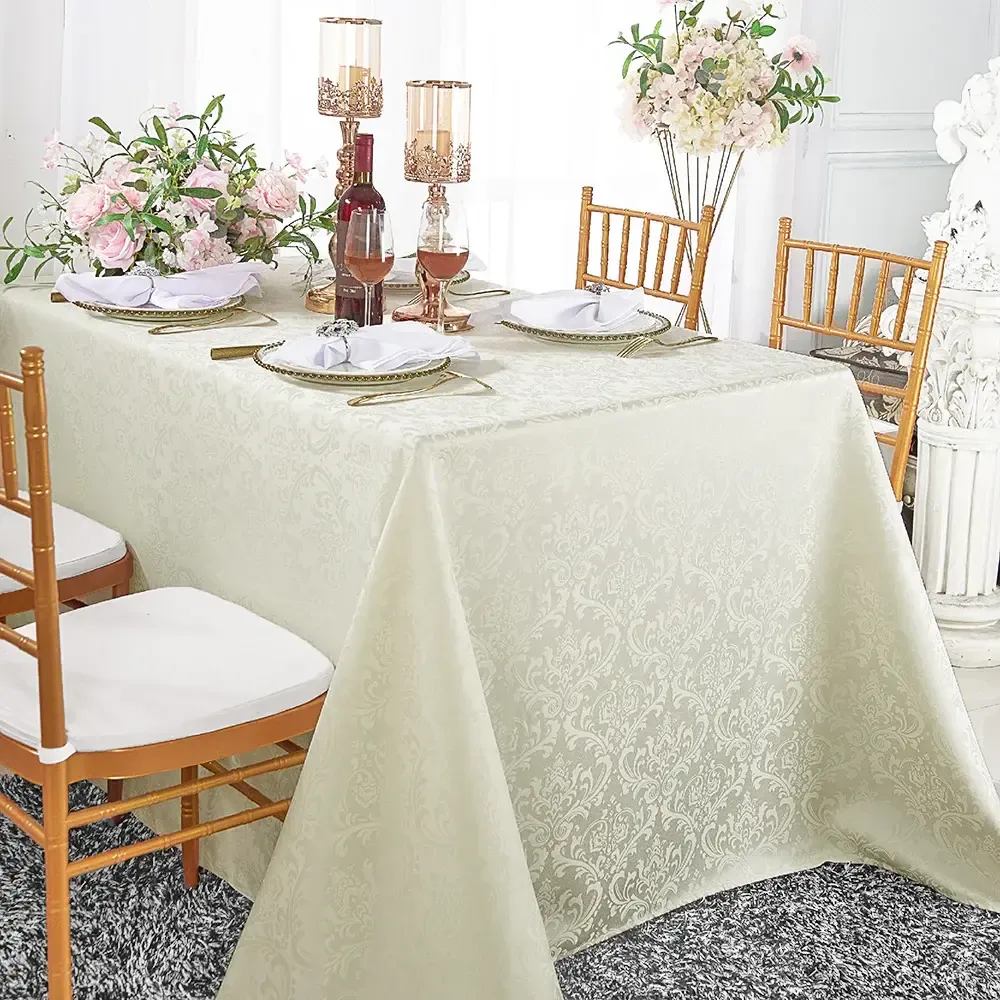 90" x 156" Rectangular Ivory Floral Damask Tablecloth