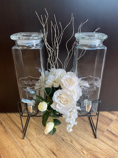 Beverage Dispenser Set of 2 With Black Metal Stand and white flowers 