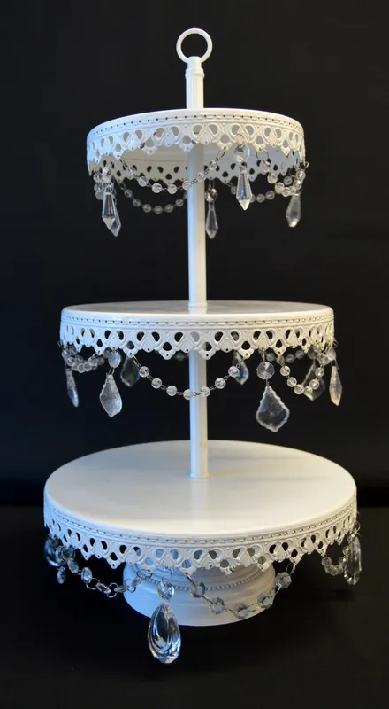 White 3 Tier Cup Cake Stand with clear arcylic crystals