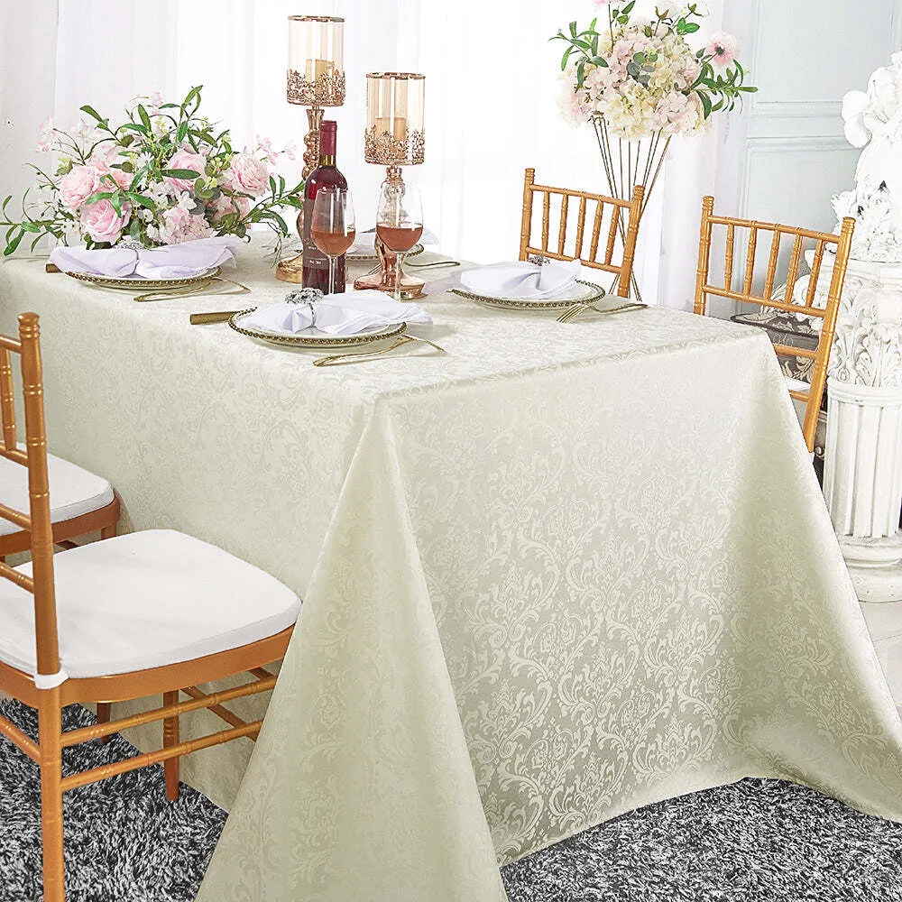90" x 132" Rectangular Ivory Floral Damask Tablecloth