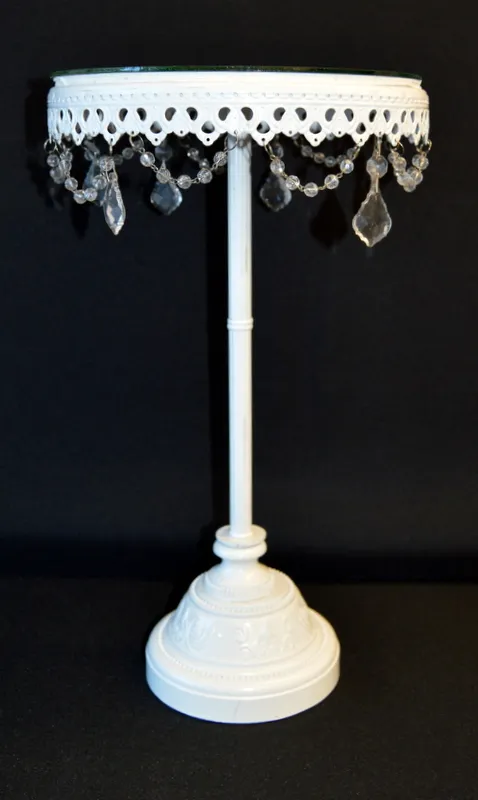 18" tall Cake Stand 10" white round hanging acrylic crystals