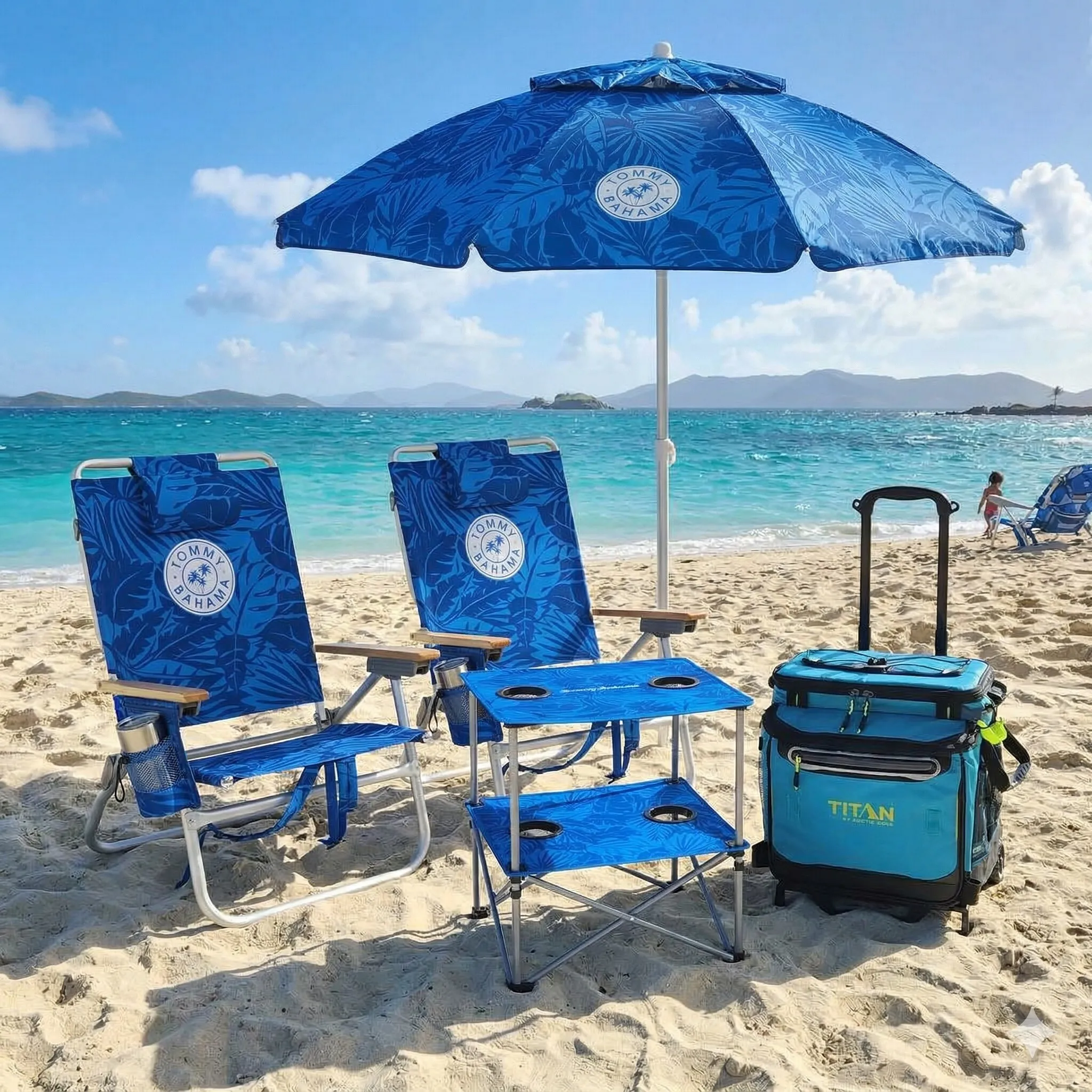 Tommy Bahama Beach Bundle - [ 2 Chairs, 1 Umbrella, 1 table and 1 Cooler ]