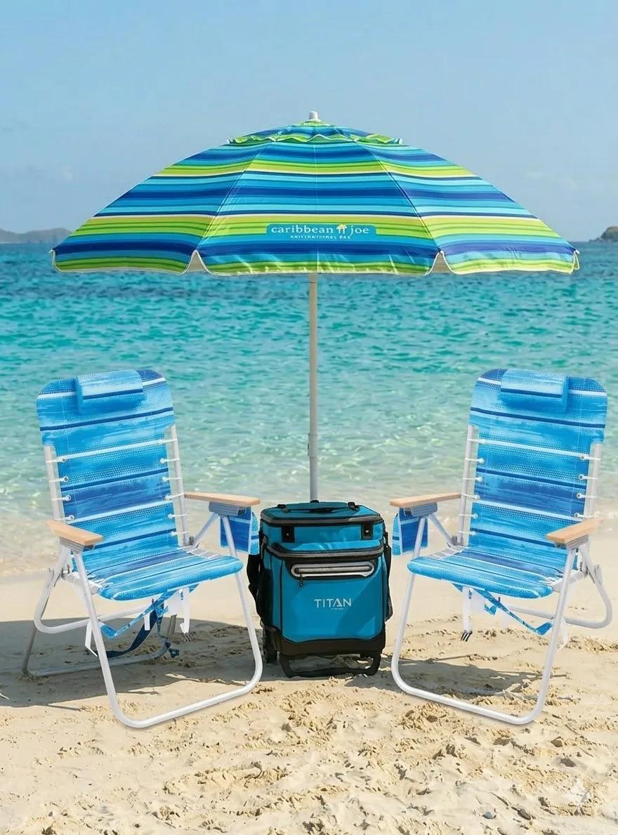 Beach Bundle - [2 Tall/High Sitting Chairs, 1 Umbrella and 1 Cooler]
