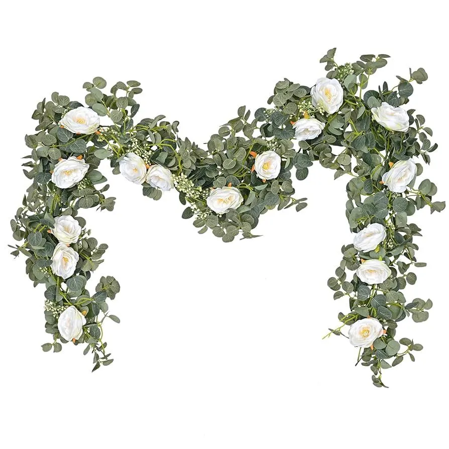 Artificial Eucalyptus Garland with Realistic White Roses - 24ft Floral Vine, Wedding, Home, Party Decor