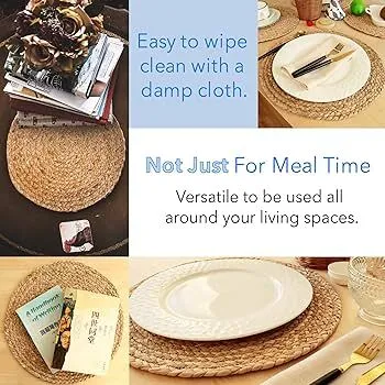 WENFOME Round Woven Placemats,13.8 inch Plate Chargers Natural Wicker Placemats Water Hyacinth Straw Braided Tablemats Rattan Tablemats Rustic Weave Placemats for Dining Table