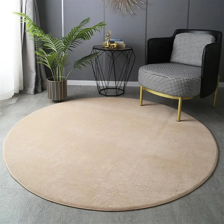 Round Rug Solid Thick Non Slip Carpet Soft Plush Fluffy Area Rug Beige