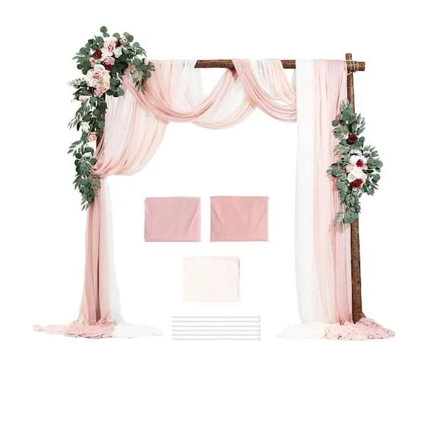 Elegant Pink Wedding Arch Drapery, 197-Inch Sheer Polyester Backdrop Curtain with Golden Geometric Accents