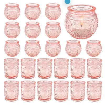 Votive Candle Holder Set of 24, Pink Glass Candle Cups Bulk for Wedding Home Decoration, Tea Lights Candles Holder for Wedding Shower, Party & Gift (candles not included)