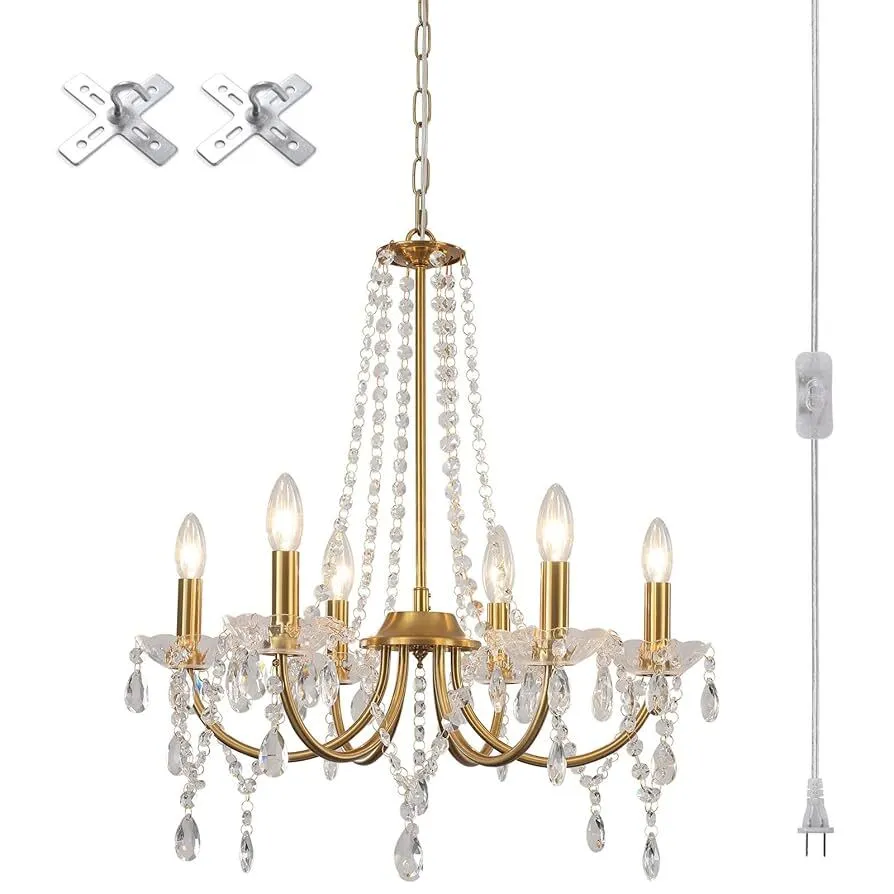 MEIJIA Plug in Chandelier Gold Light Fixture 6 Light Modern Crystal Chandelier with 15.75feets Mini Plug in Pendant Light for Dining Room Bedroom Entryway Brand