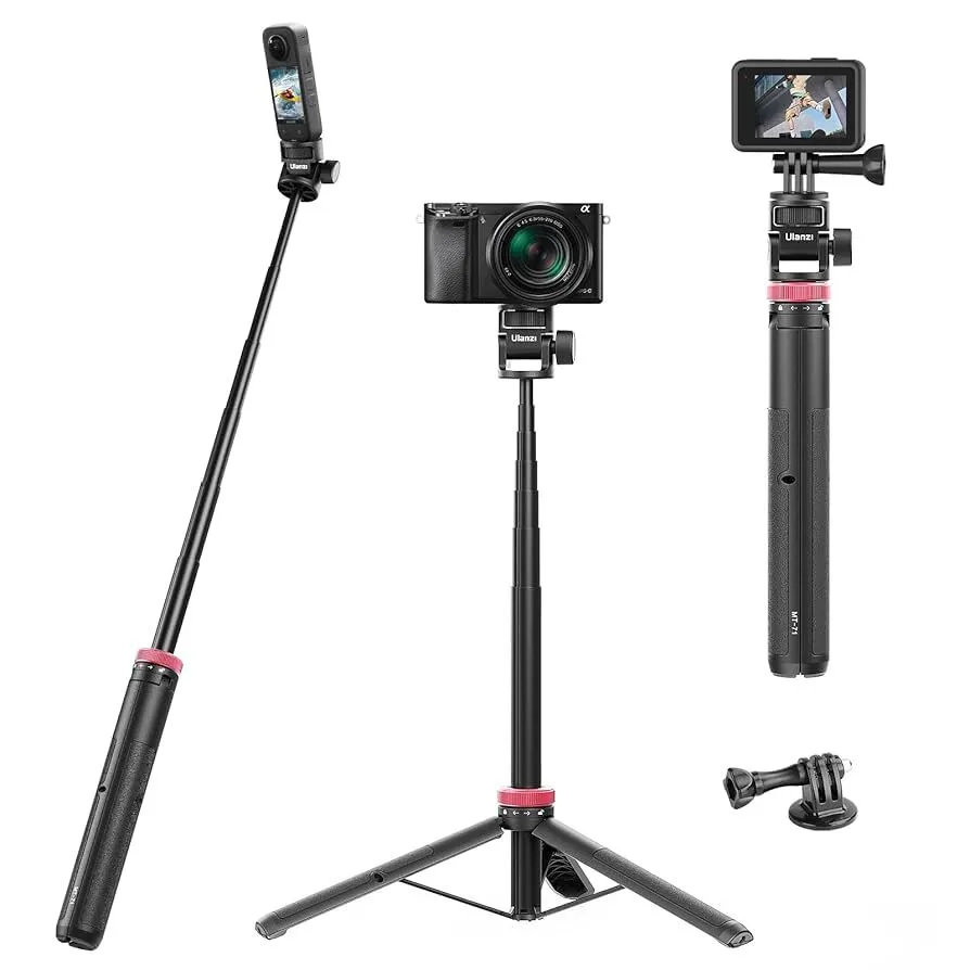 ULANZI Select 59in Selfie Tripod for Camera Gopro - MT-71 Invisible Long Extendable Vlog Handle Portable Lightweight Stand 7 Sections Hero 11 10 9 8 Black/insta360 One DJI Action