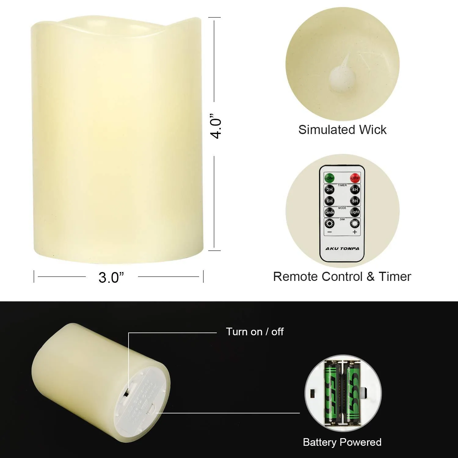 Aku Tonpa Flameless Candles Battery Operated Pillar Real Wax Flickering Electric LED Candle Sets with Remote Control Cycling