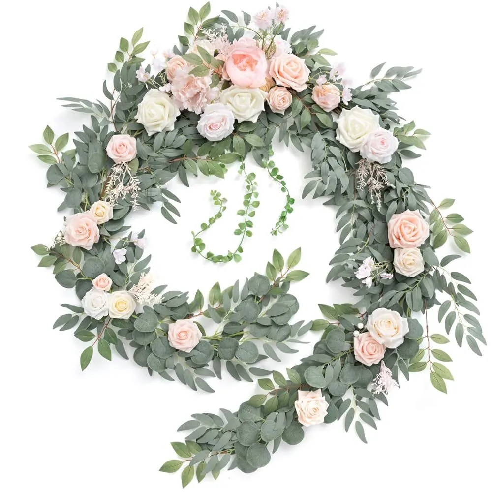 Artificial Eucalyptus Garland with Realistic Pink Roses - 24ft Floral Vine, Wedding, Home, Party Decor