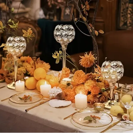 Set of Classic Golden Crystal Ball Metal Candle Holders