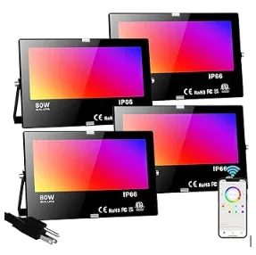 LED Flood Light Outdoor 800W Equivalent, Bluetooth Smart Color Change Landscape Lighting, DIY-Scene+RGB Colors+Warm White 2700K -APP & Group Control & Timing, IP66 Waterproof US 3-Plug Up Light