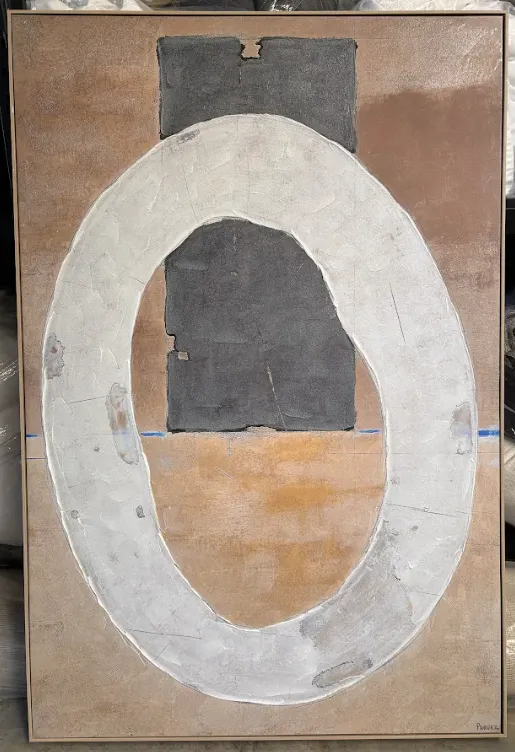 AW 0117 - Artwork - Oversized - Canvas Light Oak Frame Abstract Neutral Tones with Touch of Blue and White Circle 